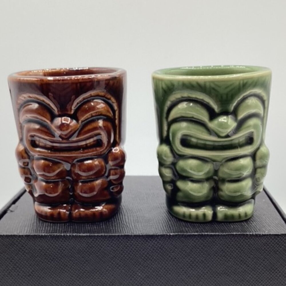 Two Tiki Bar Totem Shot Glasses Green & Brown 2.25" Height